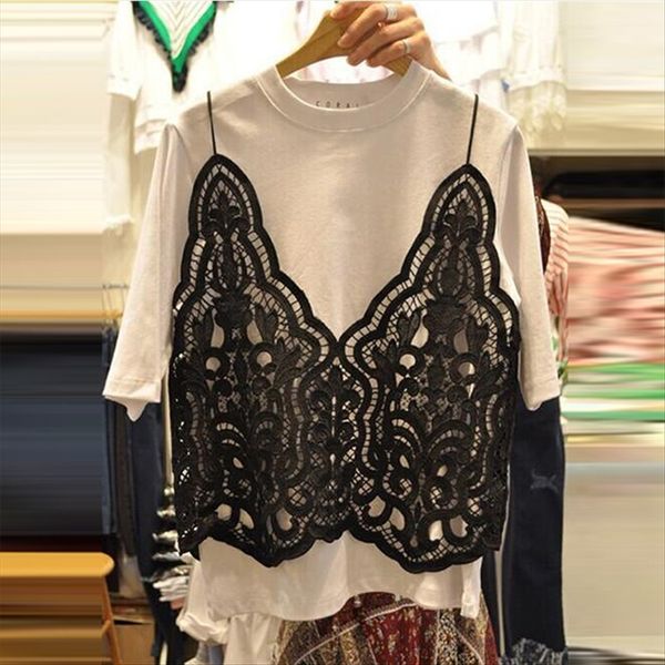 2020 short-sleeved + outer hooked t-shirt coat hollowed-out small sling two-piece t-shirt female, White
2020 short-sleeved + outer hooked t-shirt coat hollowed-out small sling two-piece t-shirt female, White