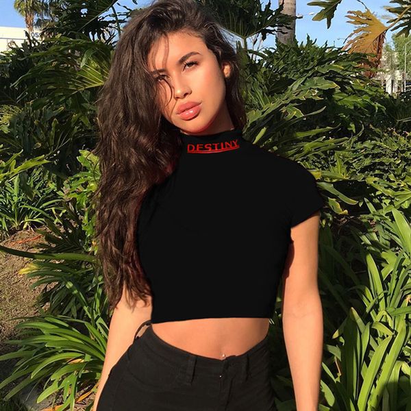 women cropped t shirt turtleneck summer black cotton letter print t shirt fashion slim waist crop top, White
women cropped t shirt turtleneck summer black cotton letter print t shirt fashion slim waist crop top, White