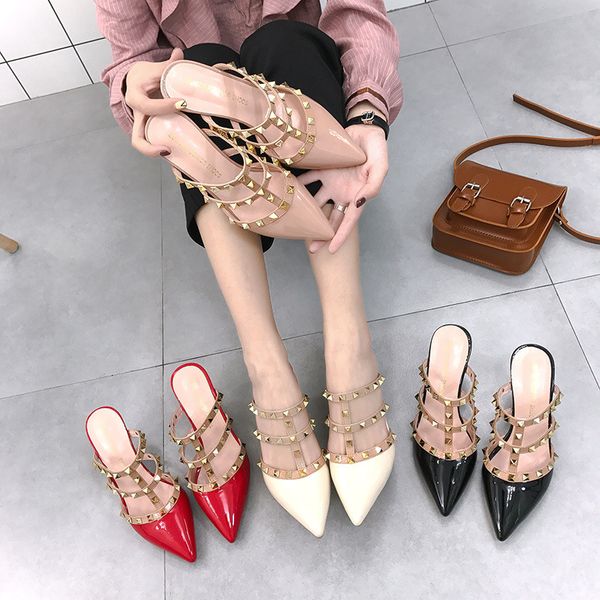 2020 women pointed high heels slippers summer women's rivets thin heel sandals female patent leather party work dress shoes, Black
2020 women pointed high heels slippers summer women's rivets thin heel sandals female patent leather party work dress shoes, Black