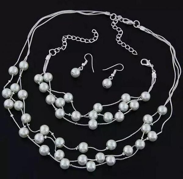 ladies pearl fashion jewelry set colar simulated pearl double layer women earrings necklace bracelet sets for wedding, Silver
ladies pearl fashion jewelry set colar simulated pearl double layer women earrings necklace bracelet sets for wedding, Silver