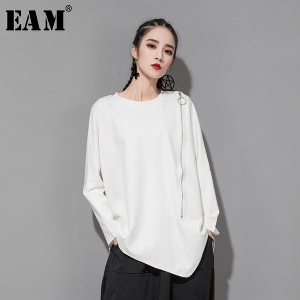 

eam] 2019 new spring summer round neck long sleeve black oblique zipper irregular hem big size t-shirt women fashion tide jq706, White