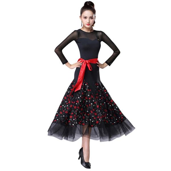 black modern waltz tango smooth ballroom dance costumes for women long sleeves, Black;red
black modern waltz tango smooth ballroom dance costumes for women long sleeves, Black;red