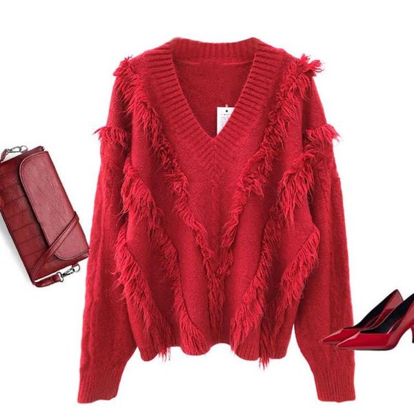 v neck tassel knitted pullover khaki long sleeve knit sweater femme oversized sweater knitwear top, White;black
v neck tassel knitted pullover khaki long sleeve knit sweater femme oversized sweater knitwear top, White;black