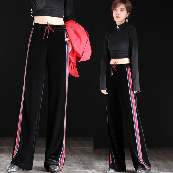spring woman gold velvet side stripe pants elastic waist casual pants trousers straight trousers slim solid color wide leg, Black;white
spring woman gold velvet side stripe pants elastic waist casual pants trousers straight trousers slim solid color wide leg, Black;white