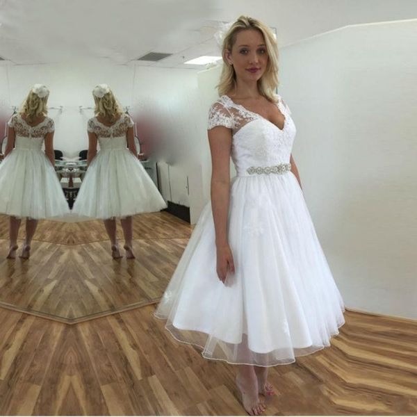 2019 tea length wedding dresses with sleeves lace v-neck crystal sash wedding reception bridal gowns plus size wedding dress a-line, White
2019 tea length wedding dresses with sleeves lace v-neck crystal sash wedding reception bridal gowns plus size wedding dress a-line, White
