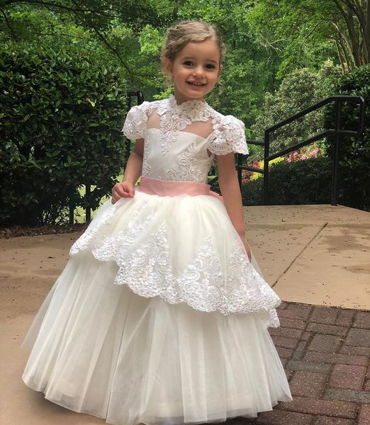 ivory tiered lace appliqued flower girl dresses for wedding high neck pageant gowns tulle floor length short sleeves first communion dress, White;blue
ivory tiered lace appliqued flower girl dresses for wedding high neck pageant gowns tulle floor length short sleeves first communion dress, White;blue