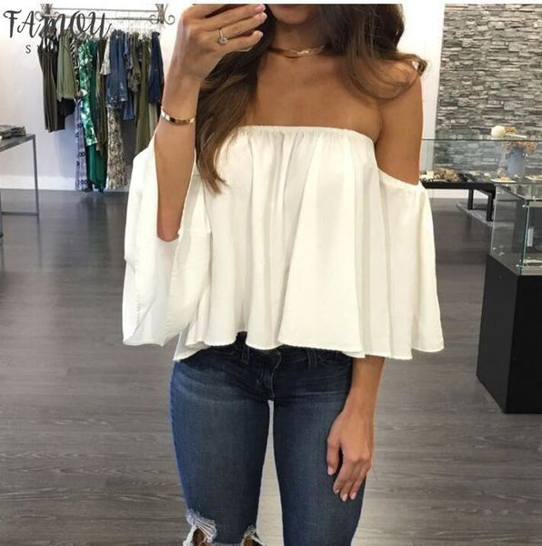 2020 summer t shirt women fashion flare sleeve chiffon off shoulder shirts strapless short sleeve beach tee feminine plus size, White 
2020 summer t shirt women fashion flare sleeve chiffon off shoulder shirts strapless short sleeve beach tee feminine plus size, White