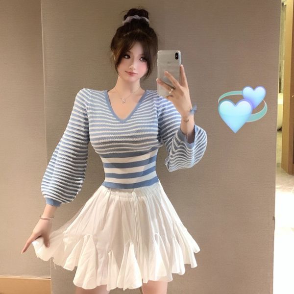 women dresses sweet striped color matching sweater in early autumn of 2020 new elegant v-neck slim lantern sleeve long sleeve shirt for wome, White
women dresses sweet striped color matching sweater in early autumn of 2020 new elegant v-neck slim lantern sleeve long sleeve shirt for wome, White