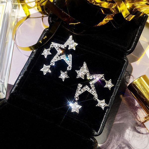 

korean version of the personality s925 silver needle with shiny diamonds five-pointed star tassel stud earings exquisite women's jewelr, Golden;silver