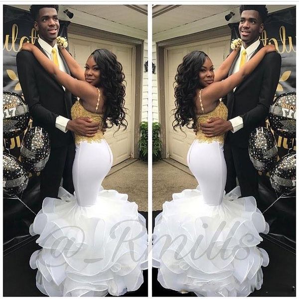gold appliqued white african prom dresses mermaid spaghetti straps tier ruffle skirts long evening gowns custom made, Black
gold appliqued white african prom dresses mermaid spaghetti straps tier ruffle skirts long evening gowns custom made, Black