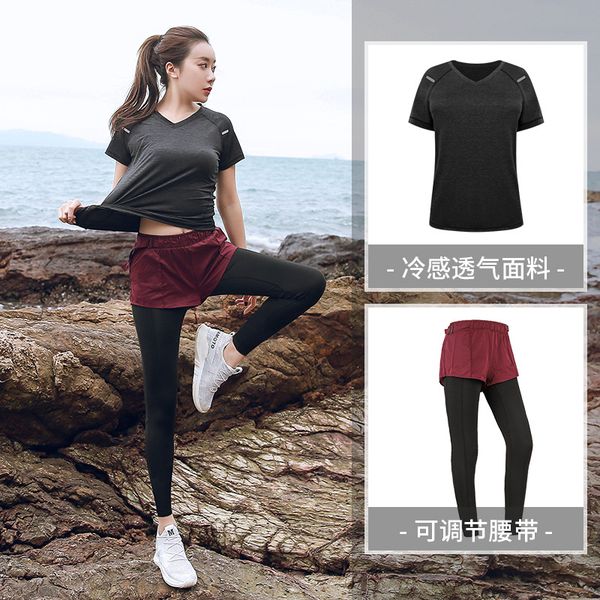 

large size 2pcs/set women's run yoga clothing trainning exercise sets short sleeve outdoor fitness summer sportswear quick dry, White;black