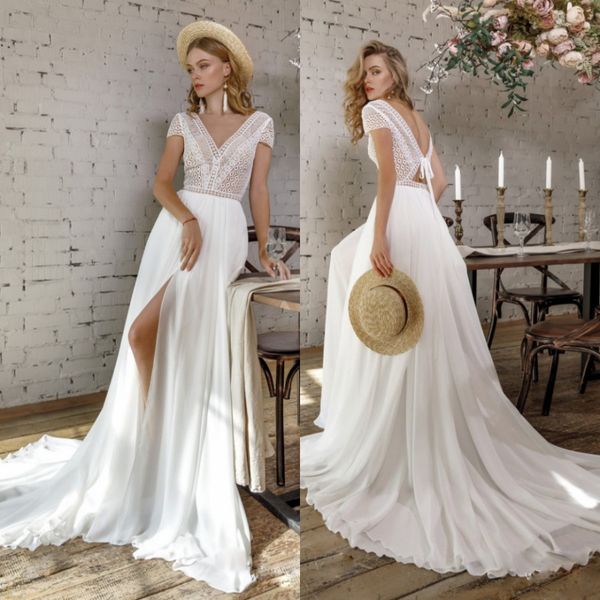 fabulous lace beach backless wedding dresses v neck front split bridal gowns bohemian a line sweep train chiffon robe de mariée, White
fabulous lace beach backless wedding dresses v neck front split bridal gowns bohemian a line sweep train chiffon robe de mariée, White
