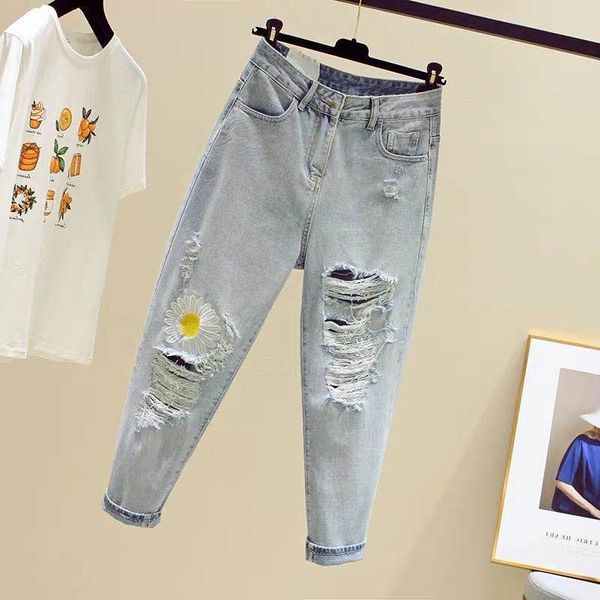 s-5xl 2020 новых straight высотного рваных джинсов сыпучей ромашка девять dad штаны, Blue 
s-5xl 2020 новых straight высотного рваных джинсов сыпучей ромашка девять dad штаны, Blue
