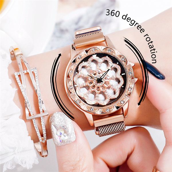 

fashion 360 degree rotation lucky women watches magnet buckle quartz wristwatches clock ladies watch reloj mujer women watch, Slivery;brown