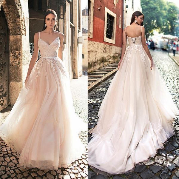 2019 boho wedding dresses spaghetti lace appliqued tulle bridal gowns with corset back beach princess wedding dress custom, White
2019 boho wedding dresses spaghetti lace appliqued tulle bridal gowns with corset back beach princess wedding dress custom, White