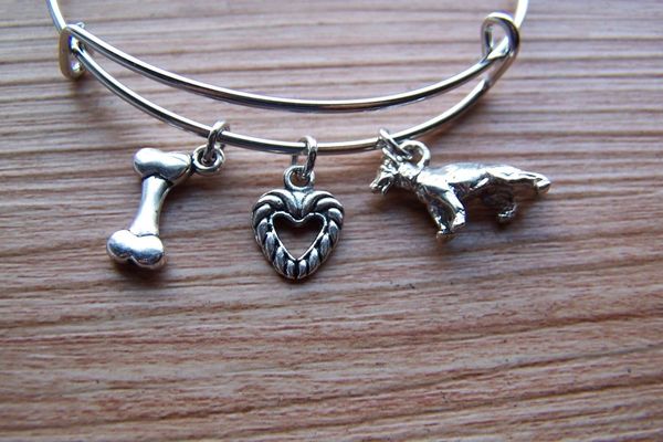 handcrafted german shepherd dog bone hollow heart charm adjustable bracelet alloy ancient silver women men animal lovers accessories gift, Black