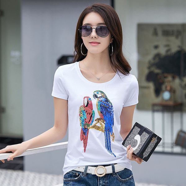 luxury cartoon sequined t-shirt women's summer parrot print tees elegant office lady business slim beads crystal fix motifs t, White
luxury cartoon sequined t-shirt women's summer parrot print tees elegant office lady business slim beads crystal fix motifs t, White