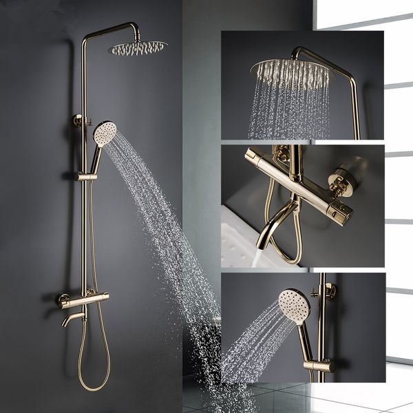 

deluxe gold shower set thermostatic bathroom 3 ways shower faucet metal shower head wall mounted golden bath water mixer