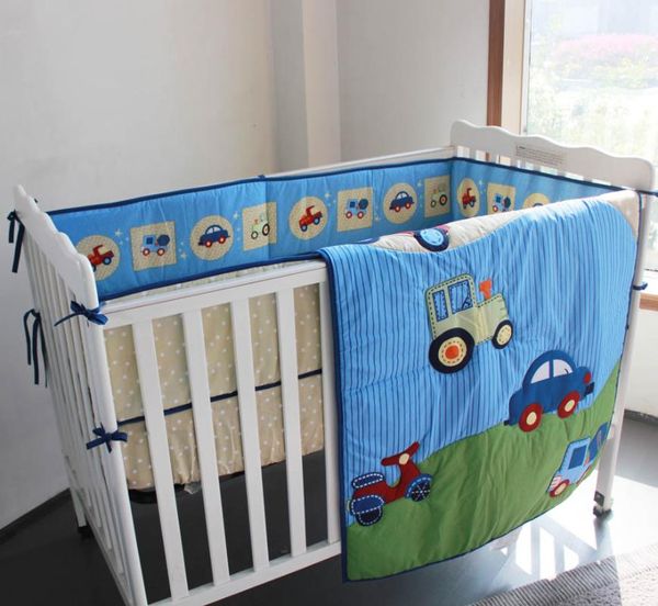 3pcs Blue Car Baby Crib Bedding Sets For Boys Cheep-comforter, Crib Sheet, 1 Piece Bumper Cotton Safe Home Cot Use