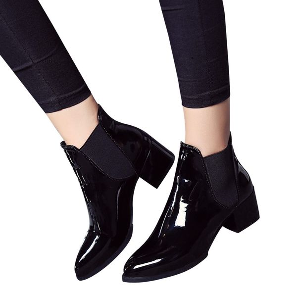 2019 new pointed thick with patent leather short tube british wind a pedal boots female, Black
2019 new pointed thick with patent leather short tube british wind a pedal boots female, Black