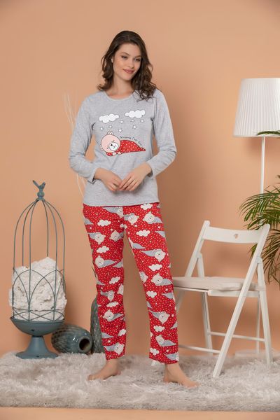 strawberry women 's gray melange cotton long sleeve printed pajamas suit, Black;brown
strawberry women 's gray melange cotton long sleeve printed pajamas suit, Black;brown