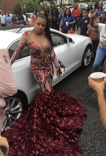sparkly burgundy mermaid prom formal dresses with long sleeve 2019 high neck 3d rose floral train african occasion evening gown, Black
sparkly burgundy mermaid prom formal dresses with long sleeve 2019 high neck 3d rose floral train african occasion evening gown, Black