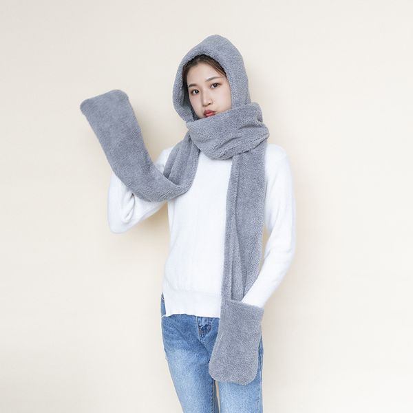 2019 winter cute woman plush hooded scarf autumn solid color warm thicken couple scarf siamese bib hat gloves three-piece, Blue;gray
2019 winter cute woman plush hooded scarf autumn solid color warm thicken couple scarf siamese bib hat gloves three-piece, Blue;gray