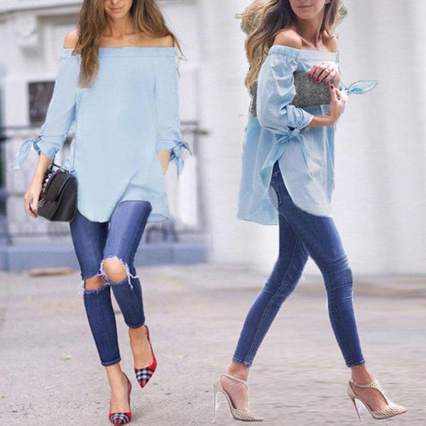 off shoulder summer women blouse shirt bow-knot long sleeve plus size loose split casual slash neck strapless blusas, White
off shoulder summer women blouse shirt bow-knot long sleeve plus size loose split casual slash neck strapless blusas, White