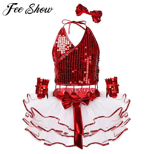 kids girl jazz modern dance costumes outfit sparkly sequins halter crop with mesh tutu dress and wrist sleeves hair clip set, White
kids girl jazz modern dance costumes outfit sparkly sequins halter crop with mesh tutu dress and wrist sleeves hair clip set, White