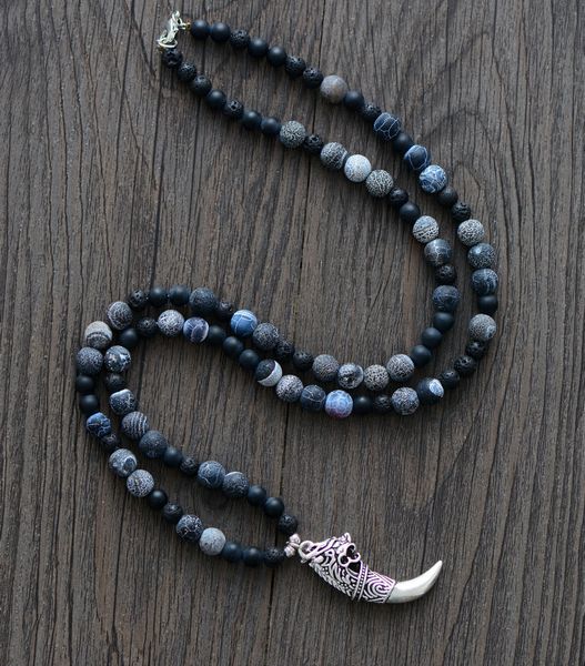 mens necklace matte onyx lava stones with antique dragon tusk pendant necklace steampunk natural stone lover necklace, Silver
mens necklace matte onyx lava stones with antique dragon tusk pendant necklace steampunk natural stone lover necklace, Silver