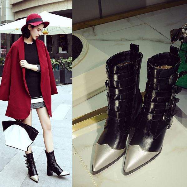 women boots leather 2019 winter business boot pointed toe stylish buckle warm fur short botas mujer mid-calf party shoes, Black
women boots leather 2019 winter business boot pointed toe stylish buckle warm fur short botas mujer mid-calf party shoes, Black