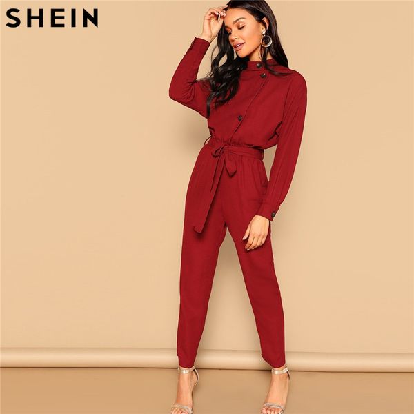 

shein burgundy button front self belted jumpsuit elegant long sleeve stand collar jumpsuits women autumn highstreet jumpsuit, Black;white