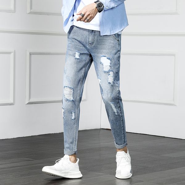 2019 new men jeans pants knee ripped hole ankle length slimming denim trousers clothes summer slim fit casual jeans homme, Blue
2019 new men jeans pants knee ripped hole ankle length slimming denim trousers clothes summer slim fit casual jeans homme, Blue