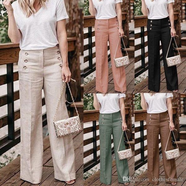 womens wide leg pants solid color high waist womens casual pants with button cotton and linen females pants, Black;white
womens wide leg pants solid color high waist womens casual pants with button cotton and linen females pants, Black;white