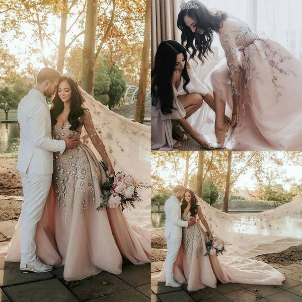 blush pink mermaid wedding dresses sheer jewel neck lace 3d floral appliques crystal detachable overskirt long sleeve wedding dress, White
blush pink mermaid wedding dresses sheer jewel neck lace 3d floral appliques crystal detachable overskirt long sleeve wedding dress, White