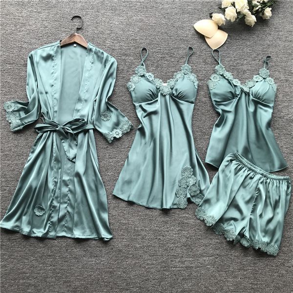 summer 2019 women pajama sets 4 pcs pyjamas women lace satin sleepwear elegant silk pijama with chest pads nightwear, Black;red
summer 2019 women pajama sets 4 pcs pyjamas women lace satin sleepwear elegant silk pijama with chest pads nightwear, Black;red