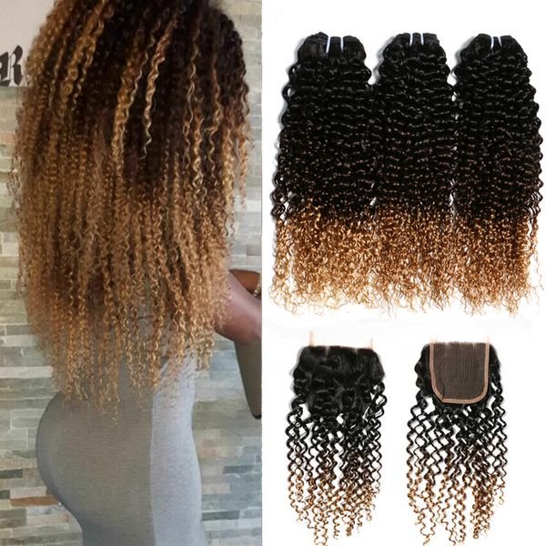 

ombre human hair lace closure with 3 bundles afro kinky curly blonde extensions 1b/4/27 malaysian virgin curly ombre weaves closure, Black;brown