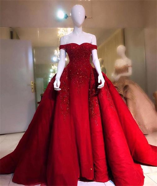 luxury red mermaid prom dresses with detachable train lace beaded off the shoulder evening dress abendkleider formal party gowns vestidos de, Black;red
luxury red mermaid prom dresses with detachable train lace beaded off the shoulder evening dress abendkleider formal party gowns vestidos de, Black;red