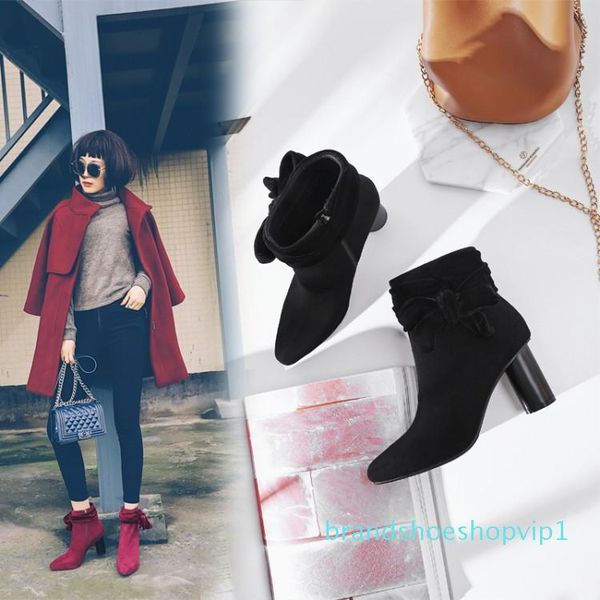 red black single boots for women high chunky heels ladies fall boots
