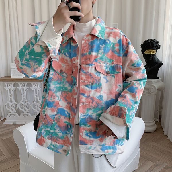 

2019 winter new korean version of japanese fashion men's loose tie dyed street casual elements denim jacket, Black;brown