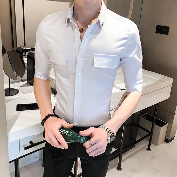 men's casual shirts solid color business dress streetwear social blusa camisa masculina 2021 summer slim fit shirt men short sleeve, White;black
men's casual shirts solid color business dress streetwear social blusa camisa masculina 2021 summer slim fit shirt men short sleeve, White;black