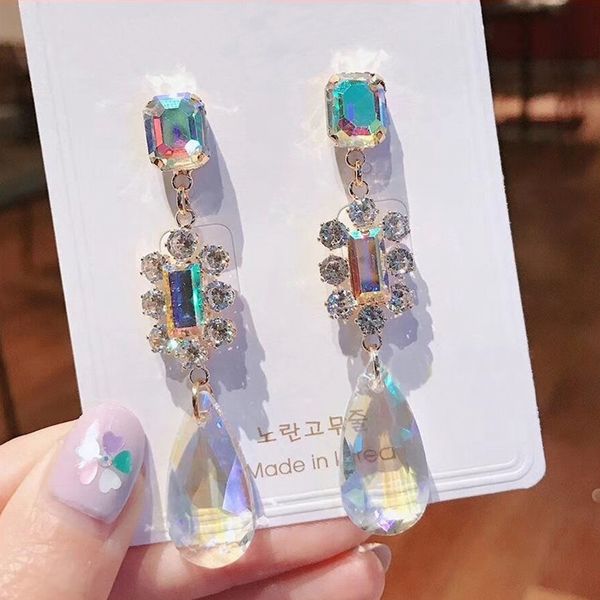 mengjiqiao 2019 korean new luxury water drop shiny crystal pendant long dangle earrings for women fashion bijoux party brinco, Silver