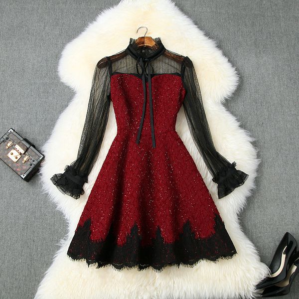 european and american women's clothing 2020 spring new horn long sleeve lace stand collar bright silk fashion dress, Black;gray
european and american women's clothing 2020 spring new horn long sleeve lace stand collar bright silk fashion dress, Black;gray