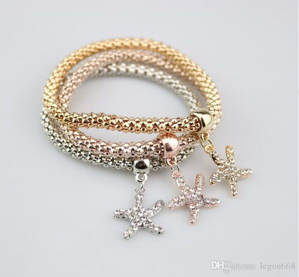 three - layer three - color corn chain full of drill star pendant elastic popcorn bracelet, Golden;silver
three - layer three - color corn chain full of drill star pendant elastic popcorn bracelet, Golden;silver