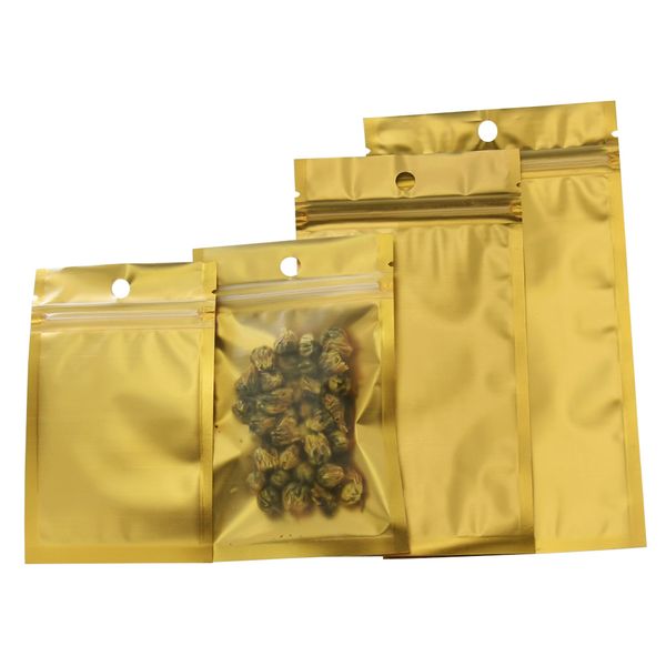gold matte clear front plastic package bags dried food tea electronic accessories storage aluminum foil plastic packing bags with hang hole
gold matte clear front plastic package bags dried food tea electronic accessories storage aluminum foil plastic packing bags with hang hole