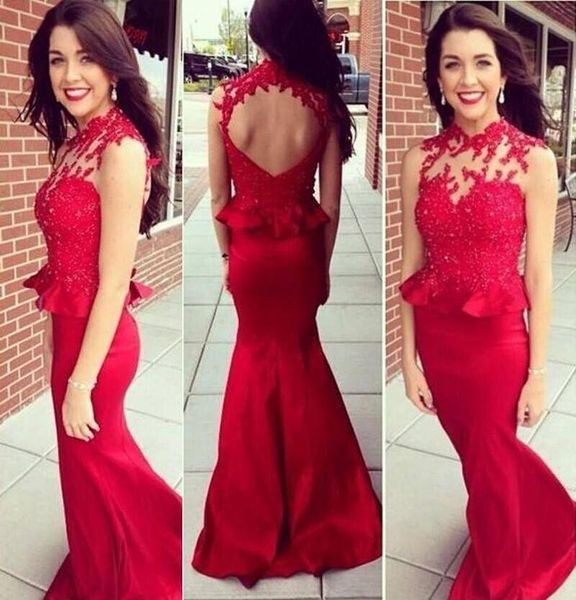 new dark red mermaid prom dresses high neck illusion peplum lace appliques beaded long open back evening gowns, Black
new dark red mermaid prom dresses high neck illusion peplum lace appliques beaded long open back evening gowns, Black