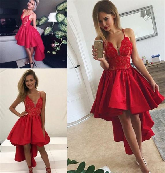 red high low prom dresses 2019 spaghetti lace and satin evening gowns ruffles cocktail party dress, Black
red high low prom dresses 2019 spaghetti lace and satin evening gowns ruffles cocktail party dress, Black