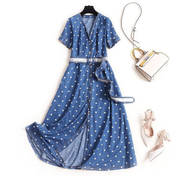 women summer jean dress 2020 vintage fashion star print short sleeve a-line v-neck sashes casual dresses midi dresses blue, Black;gray
women summer jean dress 2020 vintage fashion star print short sleeve a-line v-neck sashes casual dresses midi dresses blue, Black;gray