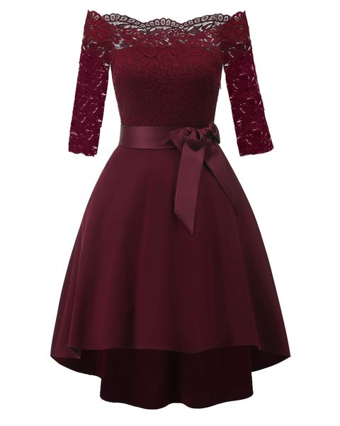 ladies lace evening dress sleeve bow off shoulder short sleeve high low hem club fashion new design, Black
ladies lace evening dress sleeve bow off shoulder short sleeve high low hem club fashion new design, Black
