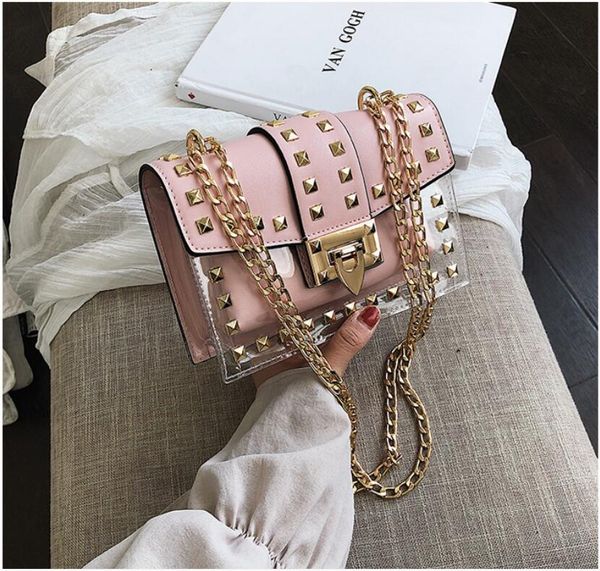 small clear brand designer bags new fashion messenger bag chains shoulder bag female rivets transparent square pu handbag 121
small clear brand designer bags new fashion messenger bag chains shoulder bag female rivets transparent square pu handbag 121